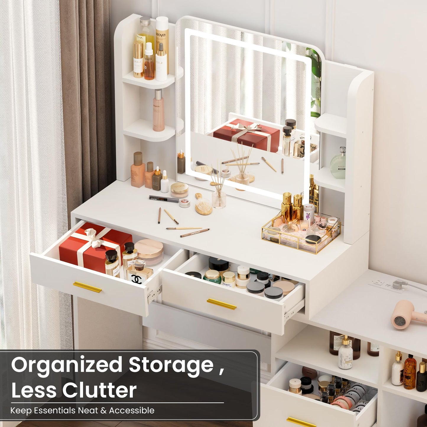 Pamapic 13 Storage Vanity Desk with Lighted Mirror, Makeup Vanity with Power Outlet, White Dresser with Mirror, Dressing Table with 4 Drawers, 8 Shelves and Cabinet, 3 Lighting Colors, Silent Slides