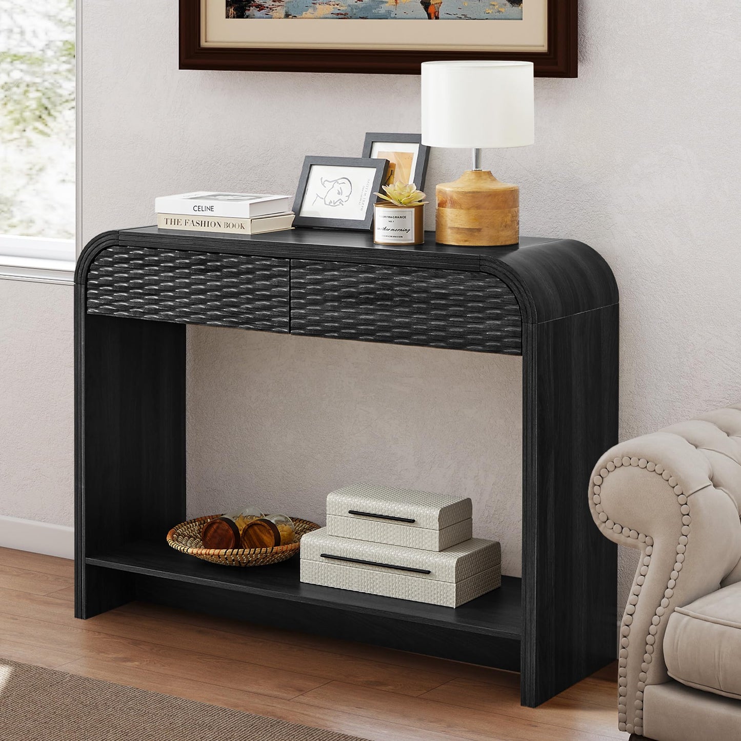 Entryway Table with Storage, Narrow Console Table with Drawers, 43.3'' Couch Table Behind Sofa Long and Skinny with Arc for Living Room TV, Hallway Entrance Foyer, Mid Century Black Carved Rattan