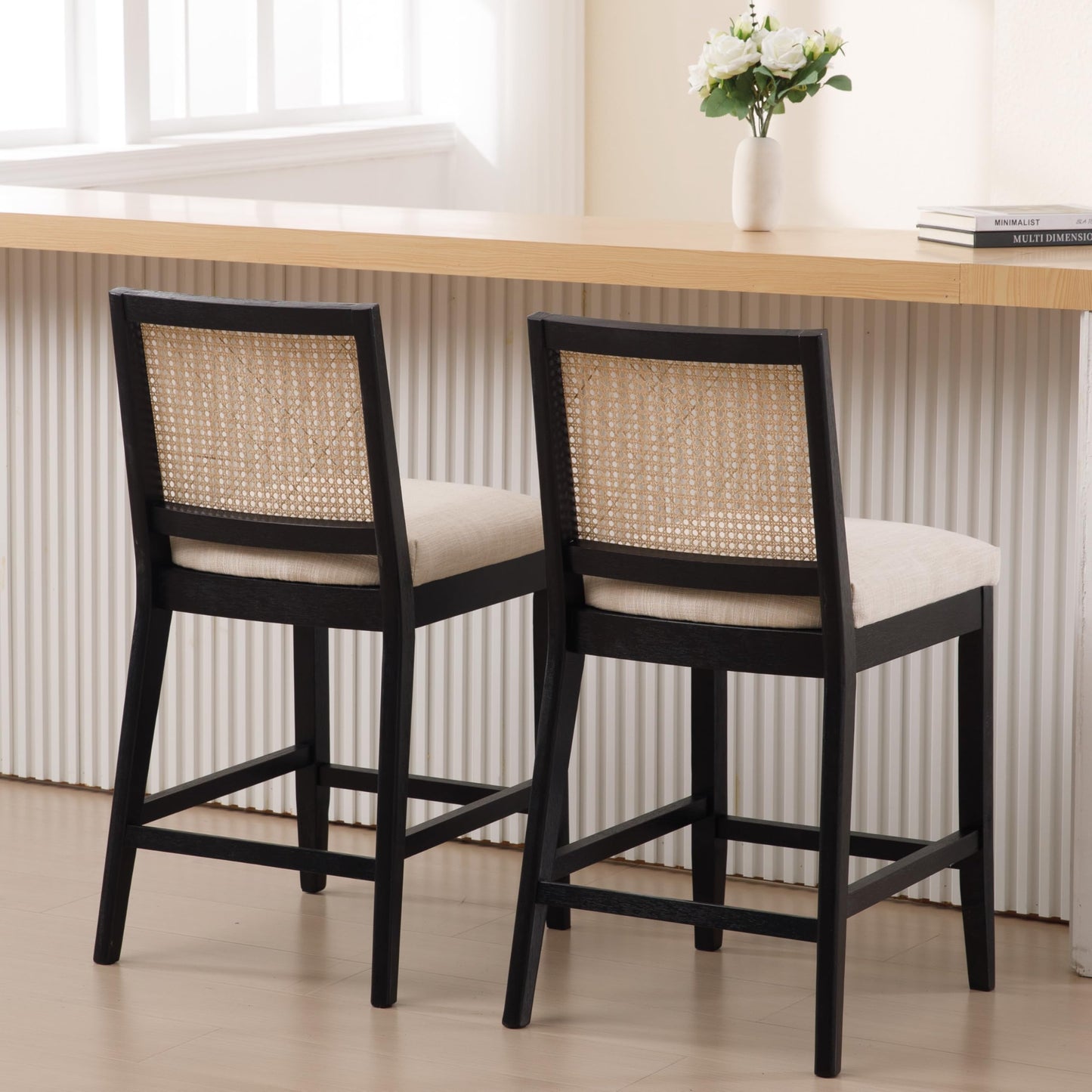 RIVOVA 26.5" Rattan Bar Stools Set of 2 Modern Linen Fabric Upholstered Counter Height Bar Stools, Kitchen Island Barstools with Rattan Back, Black Finish Wood Legs Bar Chairs, Beige