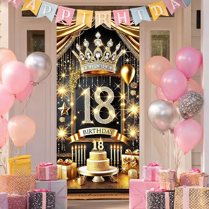 HOMETITUTE 18th Birthday Door Cover 71x35 Inch Royal Gold Birthday Banner for Party Decorations Crown Cake Gift Backdrop S...