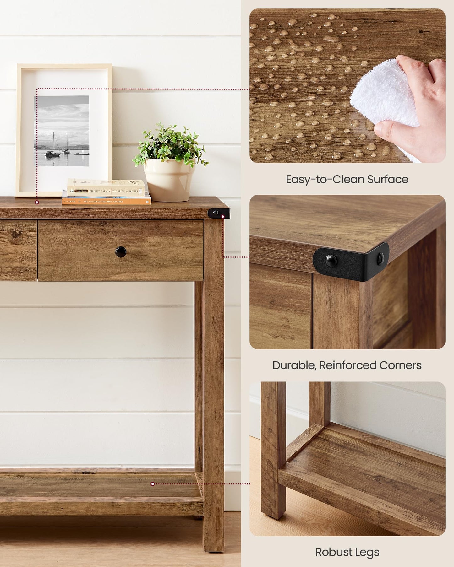 VASAGLE Console Sofa Table, Narrow Entryway Table with 3 Drawers, Open Storage Shelf, Metal Corners, for Living Room, Farmhouse Style, Honey Brown ULNT142K41