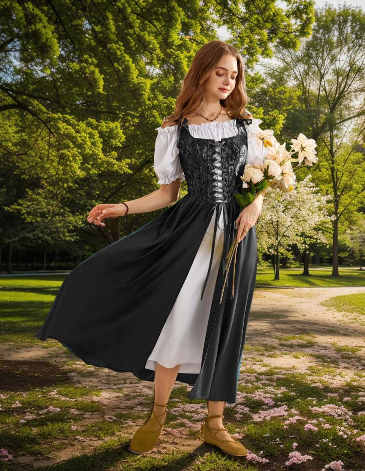 Renaissance Costume Women Medieval Corset Dress Puff Sleeve Fairy Dress Black Size 6
