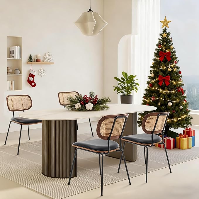 HOCEWI Rattan Dining Chairs Set of 4, Mid Century Modern Dining Chairs with Cane Back for Kitchen Dining Room, 19 Inch Faux Leather Black