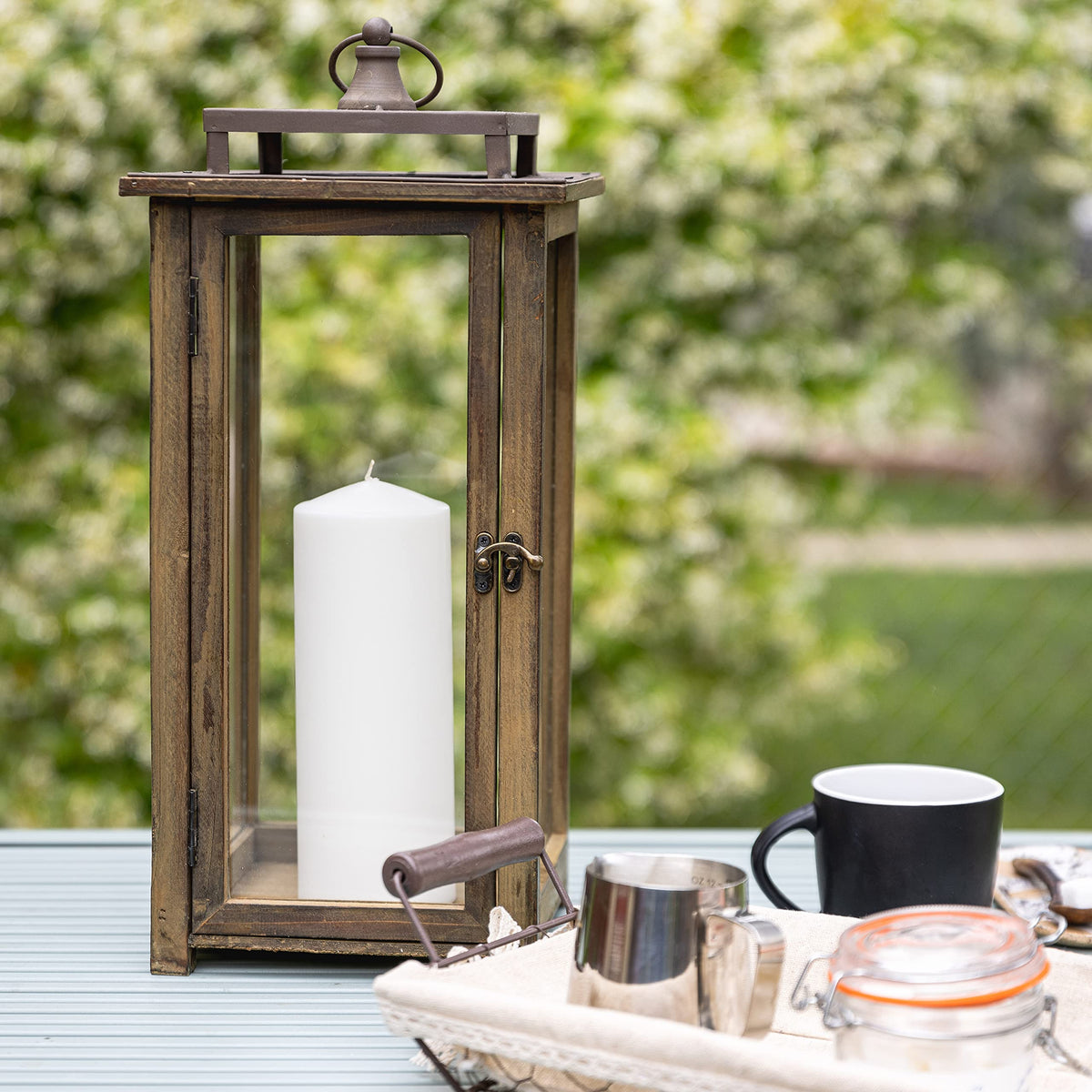 Stonebriar 18 Inch Rustic Wooden Candle Hurricane Lantern, For Table Top, Mantle, Wall Hanging, or Garden Display, Indoor & Outdoor Use, Extra Large