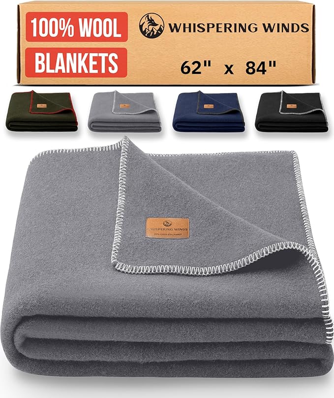 100% Wool Blanket - Premium Ultra-Soft & Warm, Twin 62"x 84" Large Size Blanket for Couch, Bed, Home, Camping & Outdoors