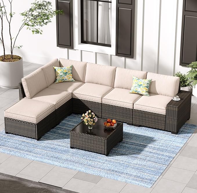 SunloungeCo 7 Pieces Outdoor Patio Furniture Set, Wicker Conversation Sets with Tea Table, Rattan Patio Sofa with Thick Cushions for Garden, Backyard Porch, Poolside,Beige