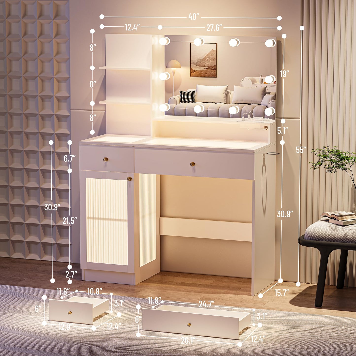 INNOD 40" Vanity Desk with Large Mirror and Lights, Modern Glass Top Makeup Vanity Set with Power Outlet, Drawers and Cabinet, 3 Lighting Color Adjustable Dressing Table for Bedroom,White