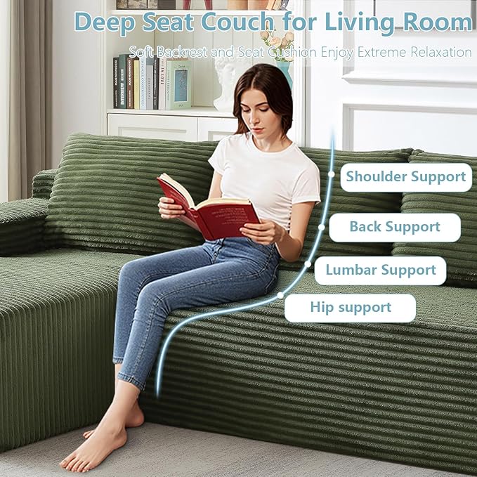 96" Cloud Sectional Couch with L-Shape Chaise, Modern Corduroy Boneless Couch for Living Room,Memory Foam Sofa with Deep Seat,No Assembly Required (Green,Left-Facing Chaise)