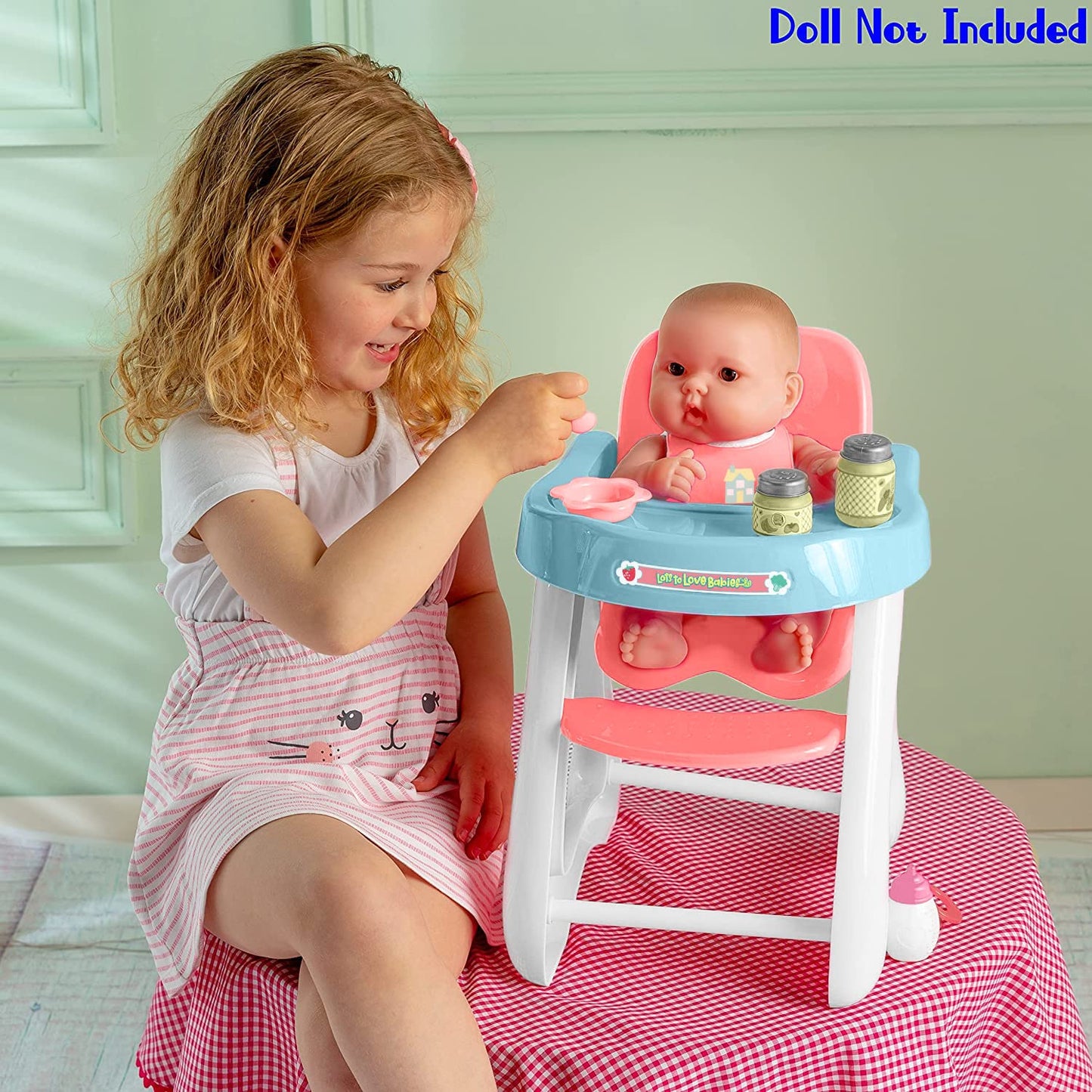 JC Toys - Doll High Chair | Fits Dolls up to 17" | Easy to Clean | Simple Assembly | 7 Piece Play Set| Ages 2+, Pink/Blue