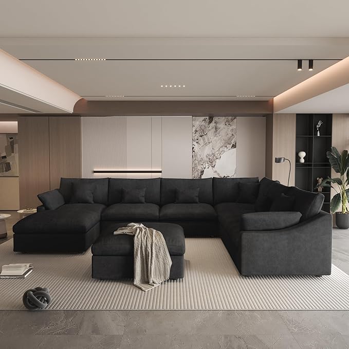 Modular Sectional Sofa Couch With Ottoman,156inch U Shaped Down Filled Cloud Couch,Convertible Sofa Bed Living Room Set,8 Seat Sleeper Bed, Cover Washable and Replaceable Couches for Living Room,Black