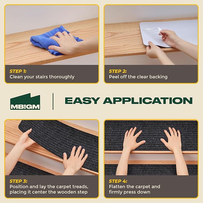 MBIGM 8" X 30" (7 in Pack) Non-Slip Carpet Stair Treads Non-Skid Safety Rug Slip Resistant Indoor Runner for Kids Elders and Pets with Reusable Adhesive - Black