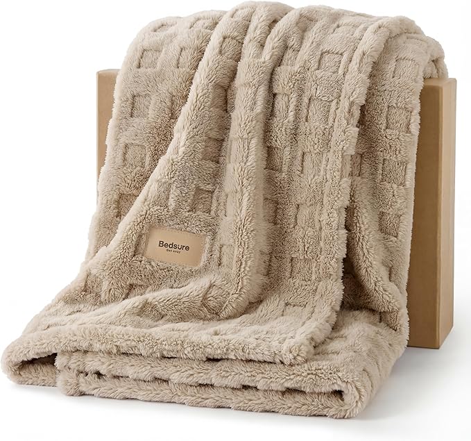 Bedsure Tan Throw Blanket for Couch - GentleSoft Fleece Cozy Waffle Blanket for Sofa Bed Room Decor, Super Fluffy Checkere...