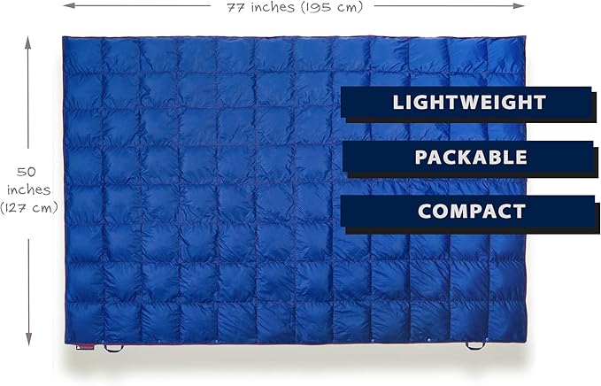 Get Out Gear Down Camping Blanket - Puffy, Packable, Lightweight and Warm | Ideal for Outdoors, Travel, Stadium, Festivals, Beach, Hammock | 650 Fill Power Water-Resistant Backpacking Quilt