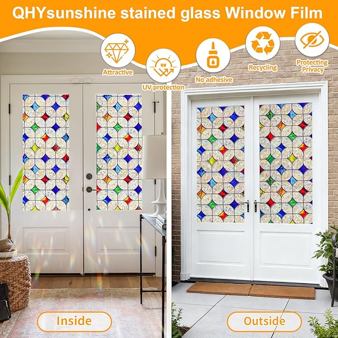 QHY Sunshine Colorful Rainbow Stained Glass Window Film Non-Adhesive Window Privacy Film Reusable Decorative for Room (Rainbow Mosaic, 35.4 X 78.7 in)