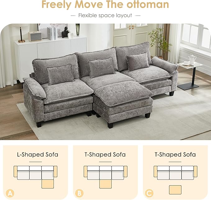 URRED Cloud Couch Modular Sectional Sofa, 122'' Modern L Shaped Deep Seat Sofa with Ottoman & Pillows, Ultra Comfy Chenille Couches for Living Room, Bedroom or Apartment, Gray