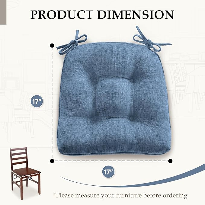 HARBOREST Chair Cushions for Dining Chairs Set of 2 - Chenille Tufted Kitchen Chair Cushions with Ties and Non-Slip Bottom, Foam Chair Pads for Dining Chairs, 17" x 17", Blue