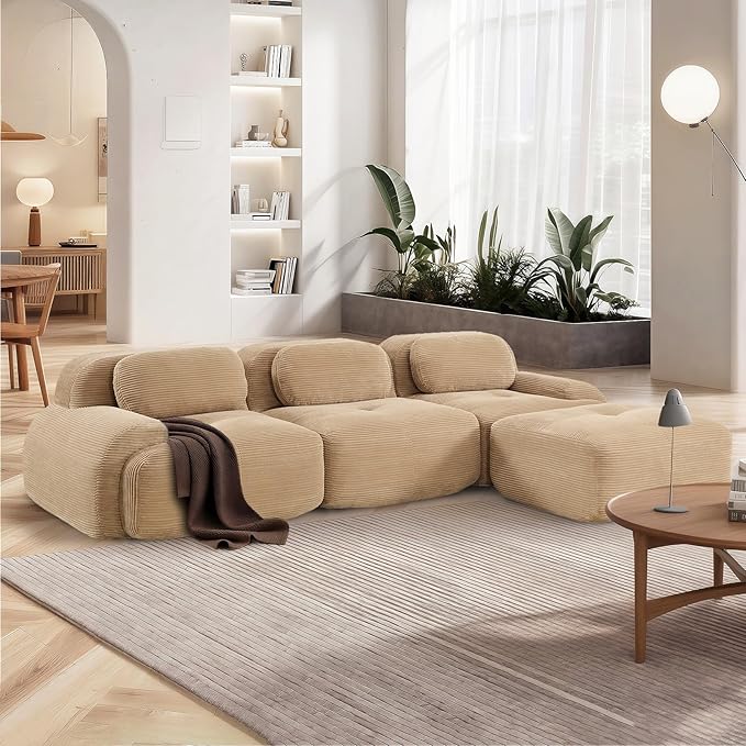 SoarFlash 117" Modern L-Shaped Modular Sectional Sofa for Living Room, Corduroy Upholstery Oversized 3-Seater Couch with Deep Seat and Movable Ottoman-No Assembly, Camel