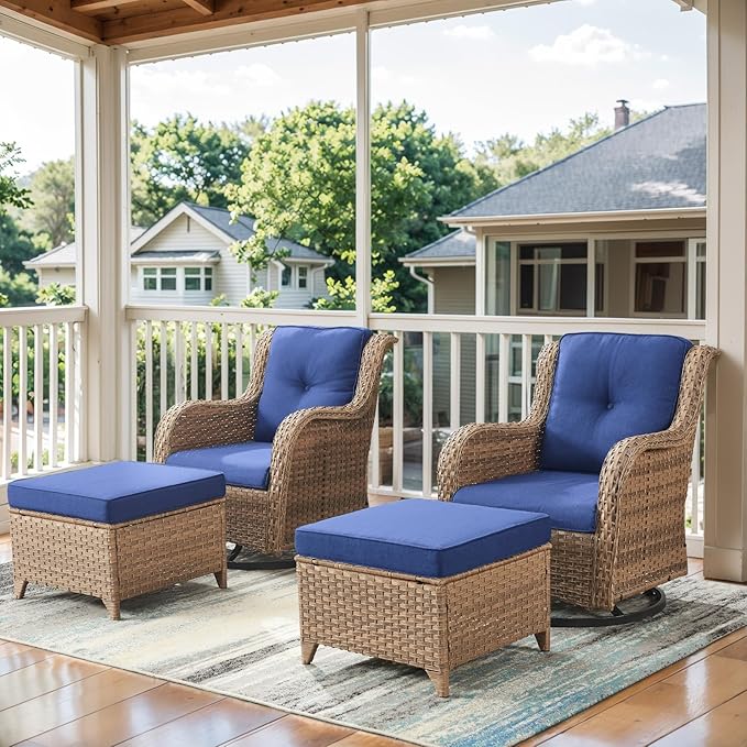 Belord 4 Pieces Patio Furniture Sets, Wicker Patio Swivel Glider Chair with Ottomans, Outdoor Furniture Set for Outside Porch, Deck, Balcony, Garden, Yellow