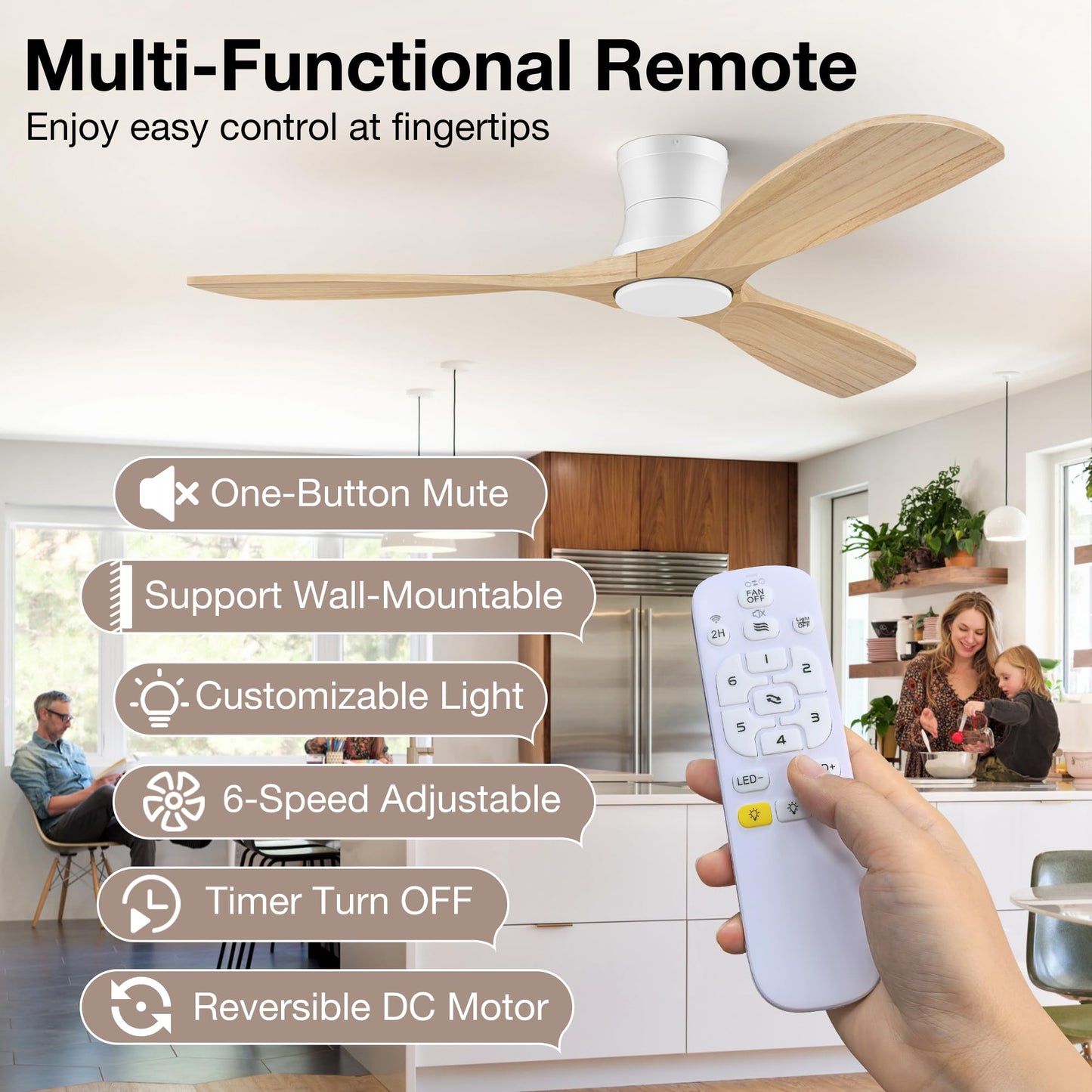 52” Wood Ceiling Fans with Lights Remote,Low Profile Flush Mount Ceiling Fan with Light,Outdoor Indoor Modern Ceiling fans for Bedroom Living room Patio,Light Wood&White,3 Blades,Dimmable LED,Quiet