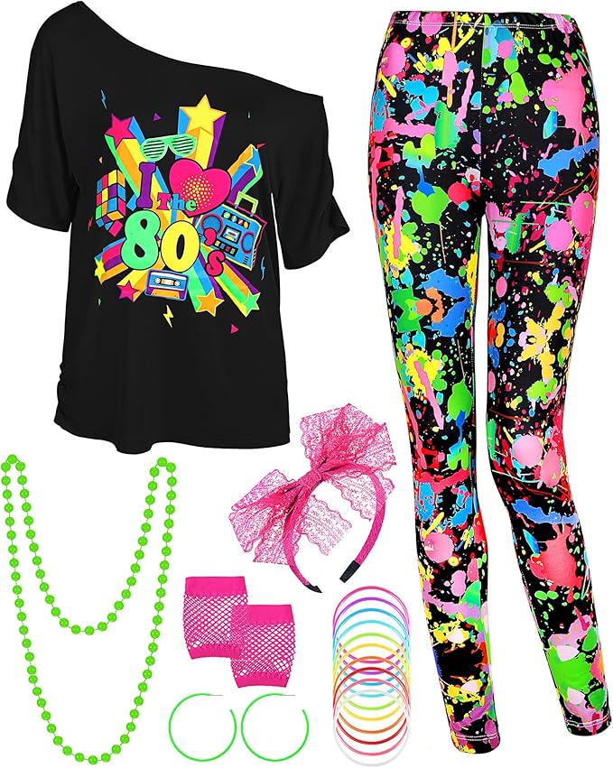 Vinsatin 16 Pcs 80s Costume Outfits Accessories Women T Shirt Legging Pants Gloves Earrings Necklace Bracelets Hairband Sets