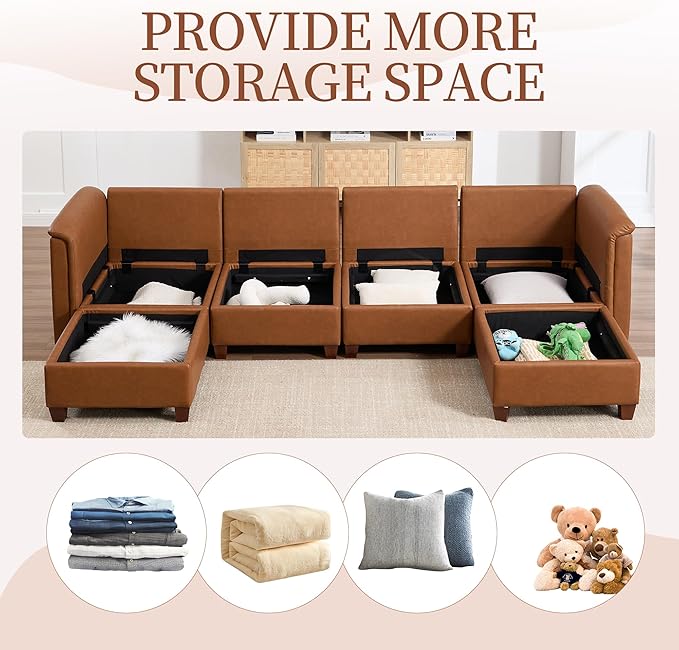 Modular Sectional Sofa,Modern U Shaped Sectional Couches for Living Room,6 Seat PU Leather Deep Seat Sectional Cloud Couch with Storage