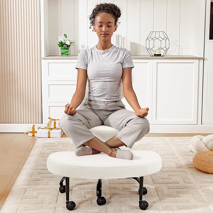 Ergonomic Cross Legged Office Chair with Wheels - Adjustable Height for Meditation, ADHD Desk & Yoga - Wide Criss Cross Design with Lumbar Support, Kneeling Chair - Off White