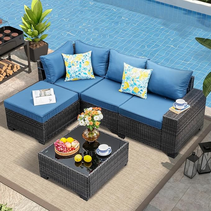 SunloungeCo 5 Pieces Outdoor Patio Furniture Set, Wicker Conversation Sets with Tea Table, Rattan Patio Sofa with Thick Cushions for Garden, Backyard, Poolside, Party, Peacock