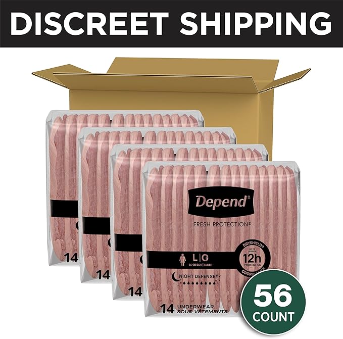 Depend Night Defense Adult Diapers, Incontinence & Postpartum Bladder Leak Underwear for Women, Disposable, Overnight, Large, Blush, 56 Count (4 Packs of 14), Packaging May Vary