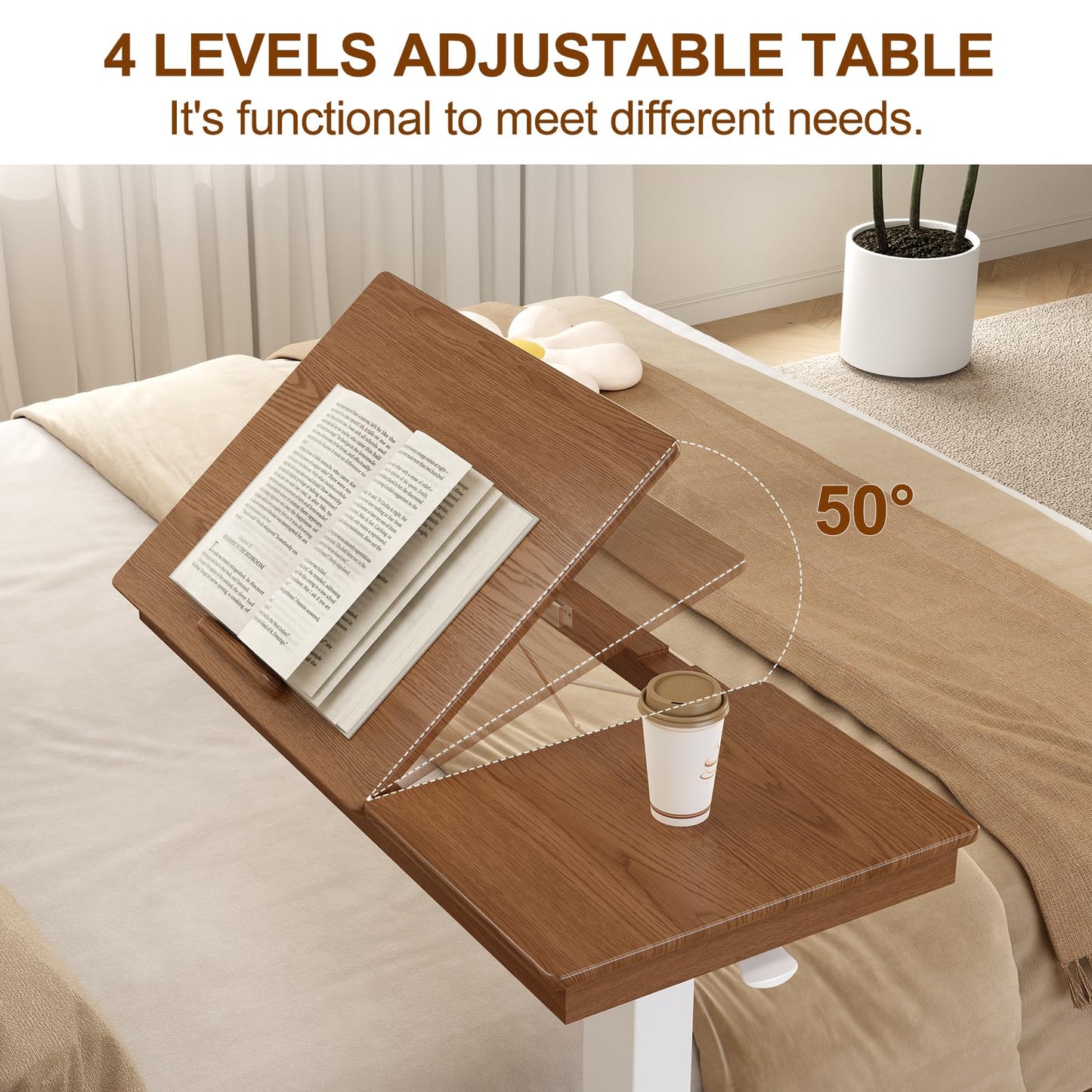 Muwuele Solid Wood Overbed Bedside Table with Wheels, Adjustable Medical Tilt Top Hospital Bed Table Over The Bed, Rolling Laptop Desk, Mobile Standing Desk for Hospital and Home Use (Walnut)