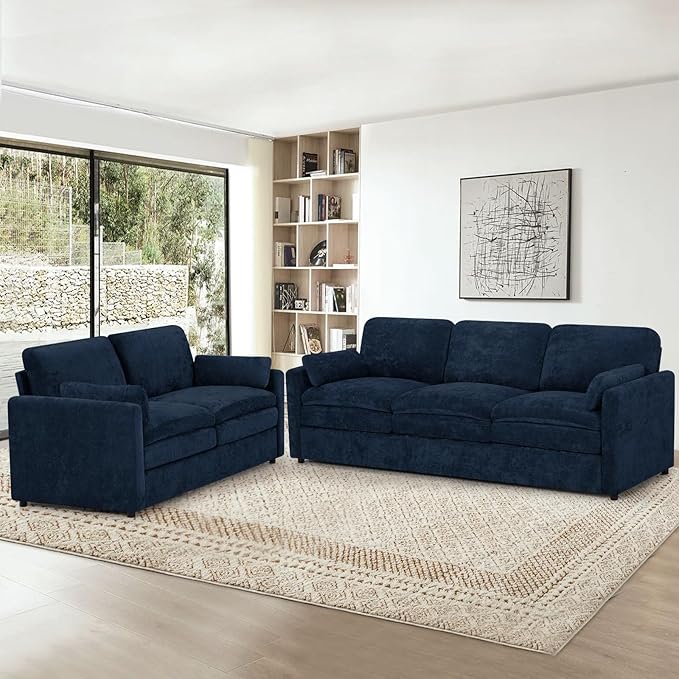 ACMEASE 2 Pieces Chenille Sofa Set w/Arm Pillows, Upholstered Loveseat & 3 Seater Sofa w/Comfortable Back Cushions, Modern 2-Seat & 3-Seat w/High-Density Foam for Living Room, Apartment, Blue