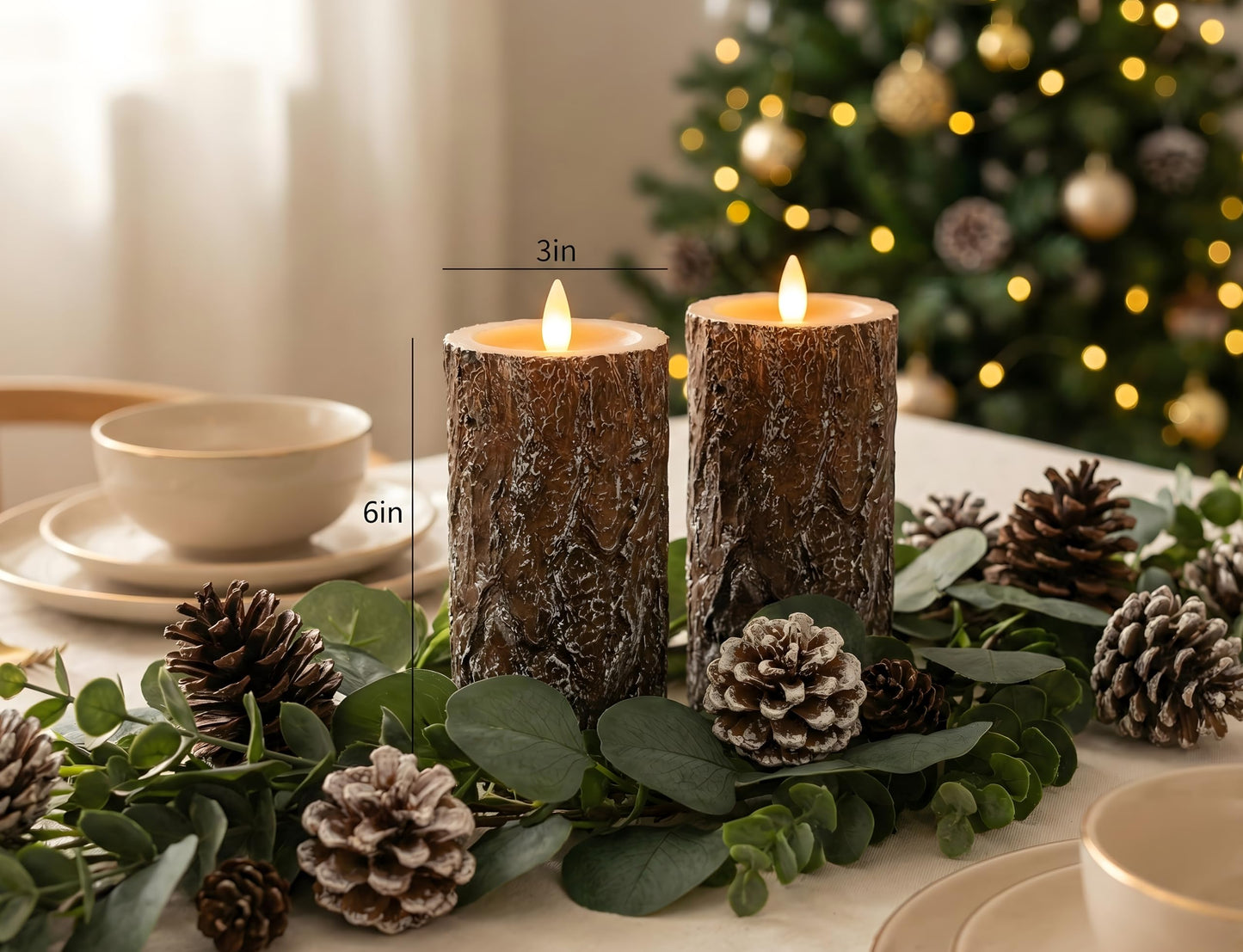 CozierGlow Pine Flameless Pillar Candles Flickering with Remote Timer, Battery Operated LED 3D Moving Flame Real Wax Candles, Set of 2, D3 x H6,Remote Included (Pine)