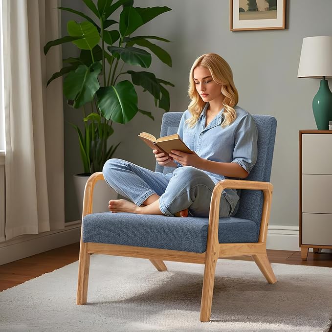 ELUCHANG Mid-Century Modern Accent Chair with Lumbar Pillow,Upholstered Armchair,Linen Fabric Comfy Reading Lounge Side Chair for Living Room Bedroom Apartment,Easy Assembly