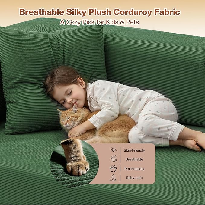Kelyda 79 Inch Convertible Sofa Bed Couch in Box, 5 in 1 Folding Modular Boneless Couch with Pull Out Bed 2 Pillows, Soft Corduroy Floor Futon Lounge Loveseat Sleeper Lazy Cama No Assembly Green