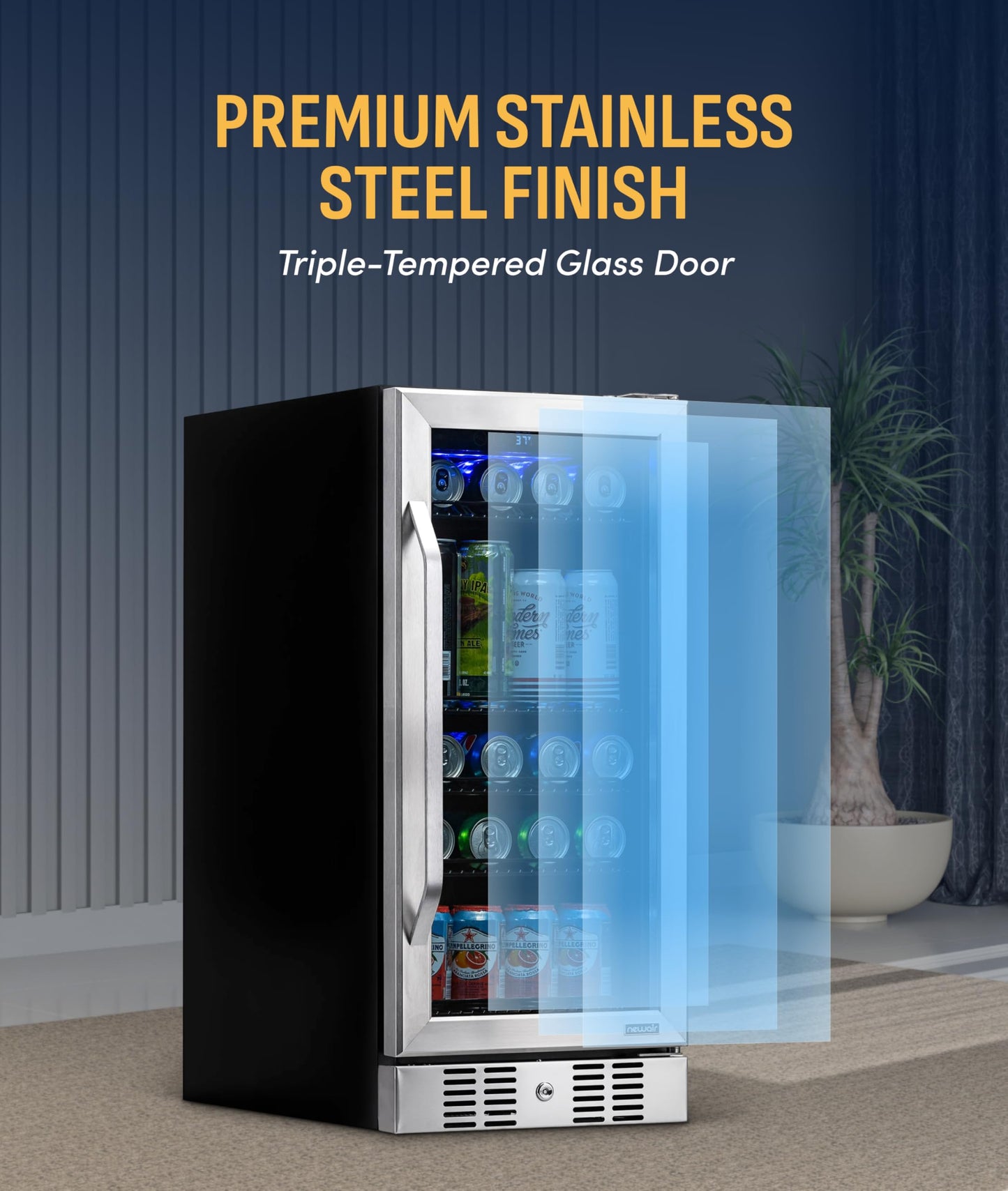 NewAir 96 Can Built-In Beverage Refrigerator | 15” Small Mini Fridge for Bedroom, Home Bar or Office | Quiet Cooling & Precise Temperature Control | Stainless Steel