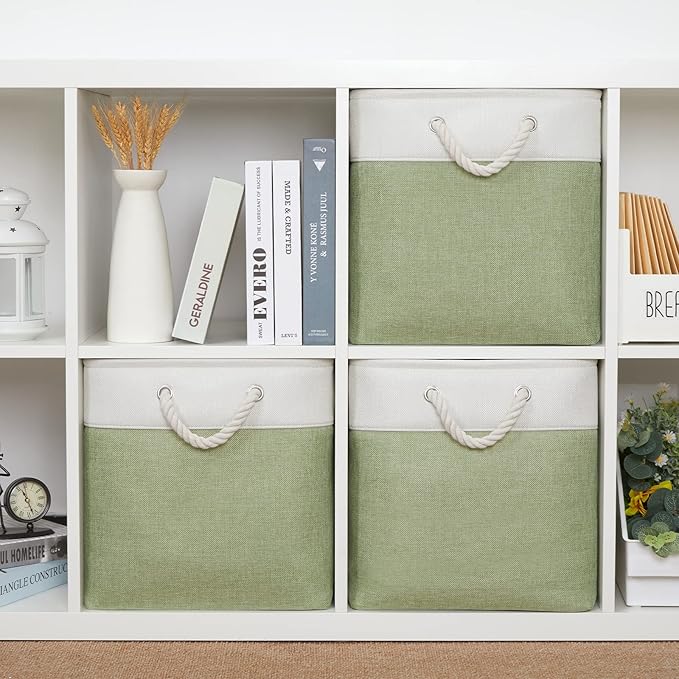 Bidtakay Cubby Storage Bins Set of 3 Fabric Baskets for Shelves Closet Drawer Organizer Storage Cubes 13x13 Collapsible Organization Baskets for Nursery Toy Shelf (White&green)