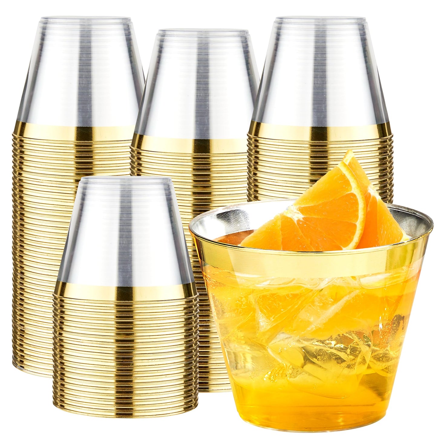 RACETOP 100 Pack 9 oz Gold Plastic Cups Tumbler, Disposable Cups with Gold Rim for Party, Heavy-duty Clear Plastic Wine Glasses, Disposable Wedding Cups