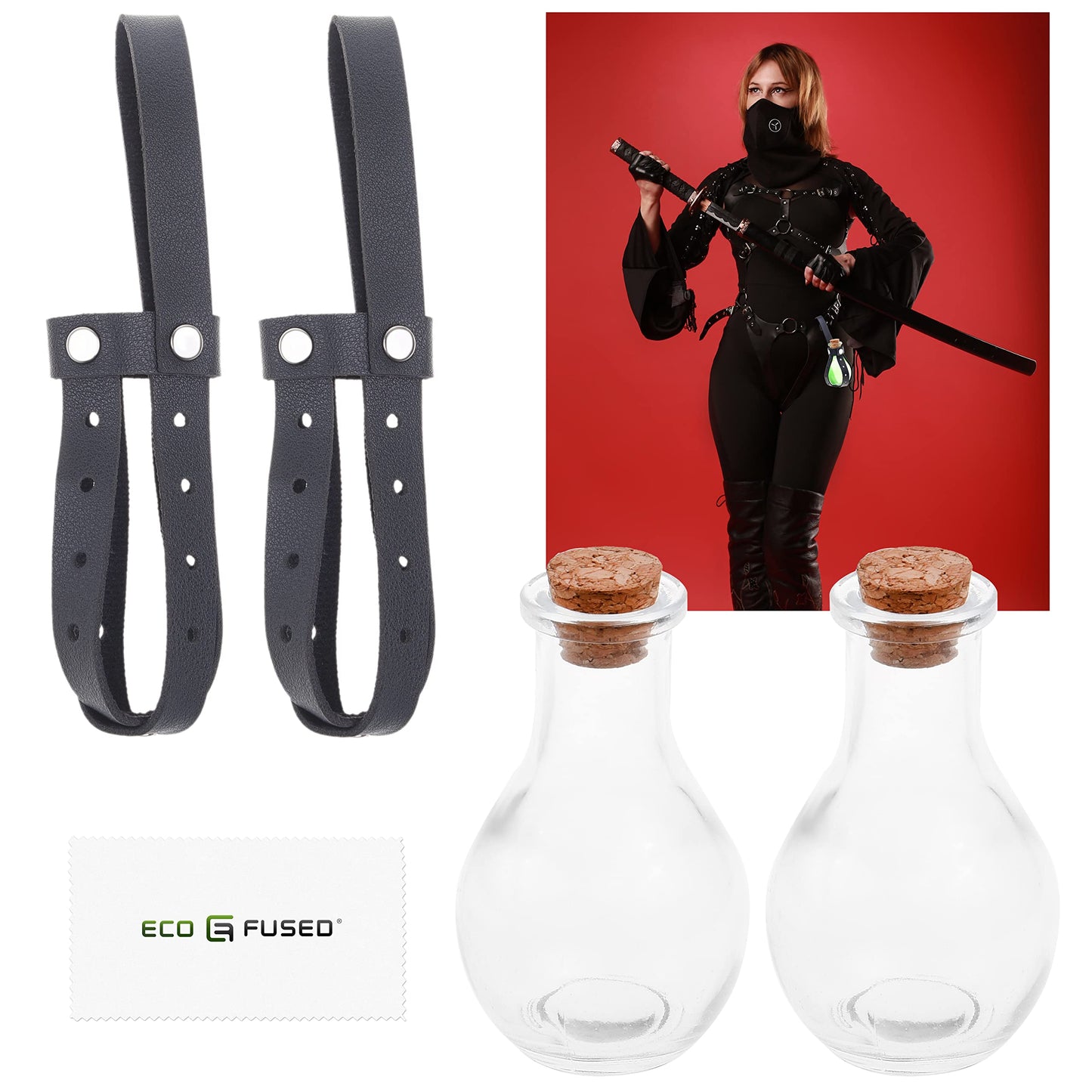 Eco-Fused Cosplay Potion Bottle 2x Small - Clear Spherical Cosplay, Wizard, Witch Costume Accessory - Incl. Cork Stopper, Black Faux Leather Sleeve Holder, Belt Loop