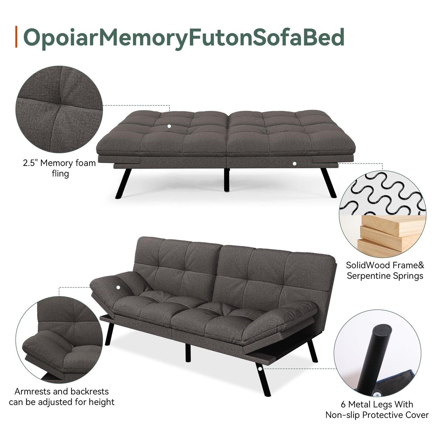 Opoiar Convertible Futon Sofa Bed,71" Memory Foam Futon Couch,Detachable Cushion,Adjustable Backrest & Armrest,Linen Modern Loveseat Sleeper Recliner for Living Room,Office,Apartment,Retro Grey