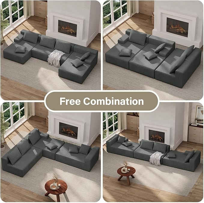 LAUSAINT HOME 132" Modular Sectional Sofa Couches, U-Shaped Boneless Cloud Sofa with 4 Deep Seat, 6 Cushiones Oversized Chaise for Living Room, Bedroom, Plush Corduroy Fabric (U Shaped Sofa, Grey)