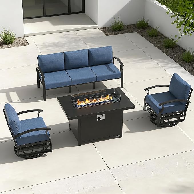 RTDTD Aluminum Outdoor Patio Furniture Set,4 Pieces 5 Seats Patio Conversation Sets with 45" Propane Fire Pit Table,Metal Patio Sectional Furniture Set with 2 Swivel Rocking Chairs,Navy Blue