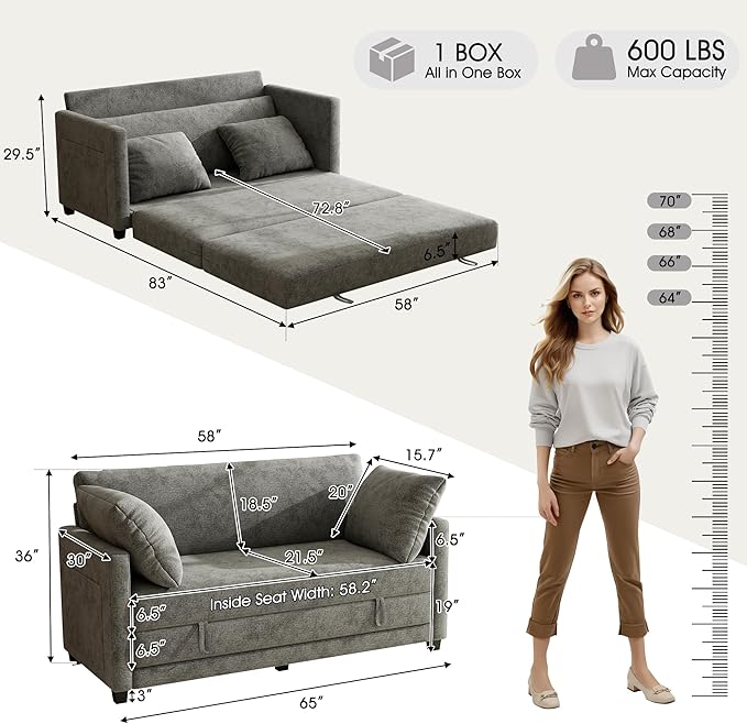 kakuboohi 65" Loveseat Sleeper Sofa Bed, Chenille Convertible Floor Sofa Bed for Small Spaces, Folding Couch Bed with Deep Seat, 2 Pillows & Solid Frame, Pull Out Floor Couch for Living Room, Grey