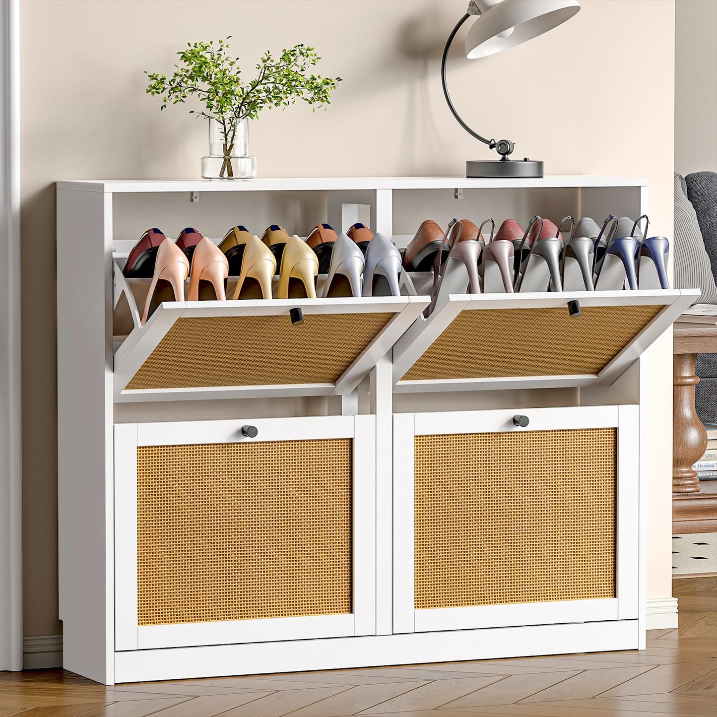 Skokliz Rattan Shoe Cabinet with 4 Flip Drawers, Farmhouse Hidden Shoe Storage Organizer Holds 16 Pairs of Shoes, 2-Tier Shoe Storage Cabinet for Entryway, Foyer, Hallway
