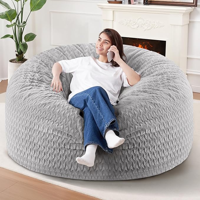 5FT Bean Bag Chair,Giant Bean Bag Chairs for Adults,Big Bean Bags with Memory Foam Filled, Large Beanbag Chairs with Chevron Plush Cover-Light Grey