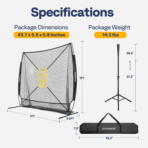 VIVOHOME Baseball Softball Hitting Net with Large Ball Collection System, 7 x 7 ft Baseball Batting Pitching Net with Tee, 2 Strike Zone, Carry Bag, Black