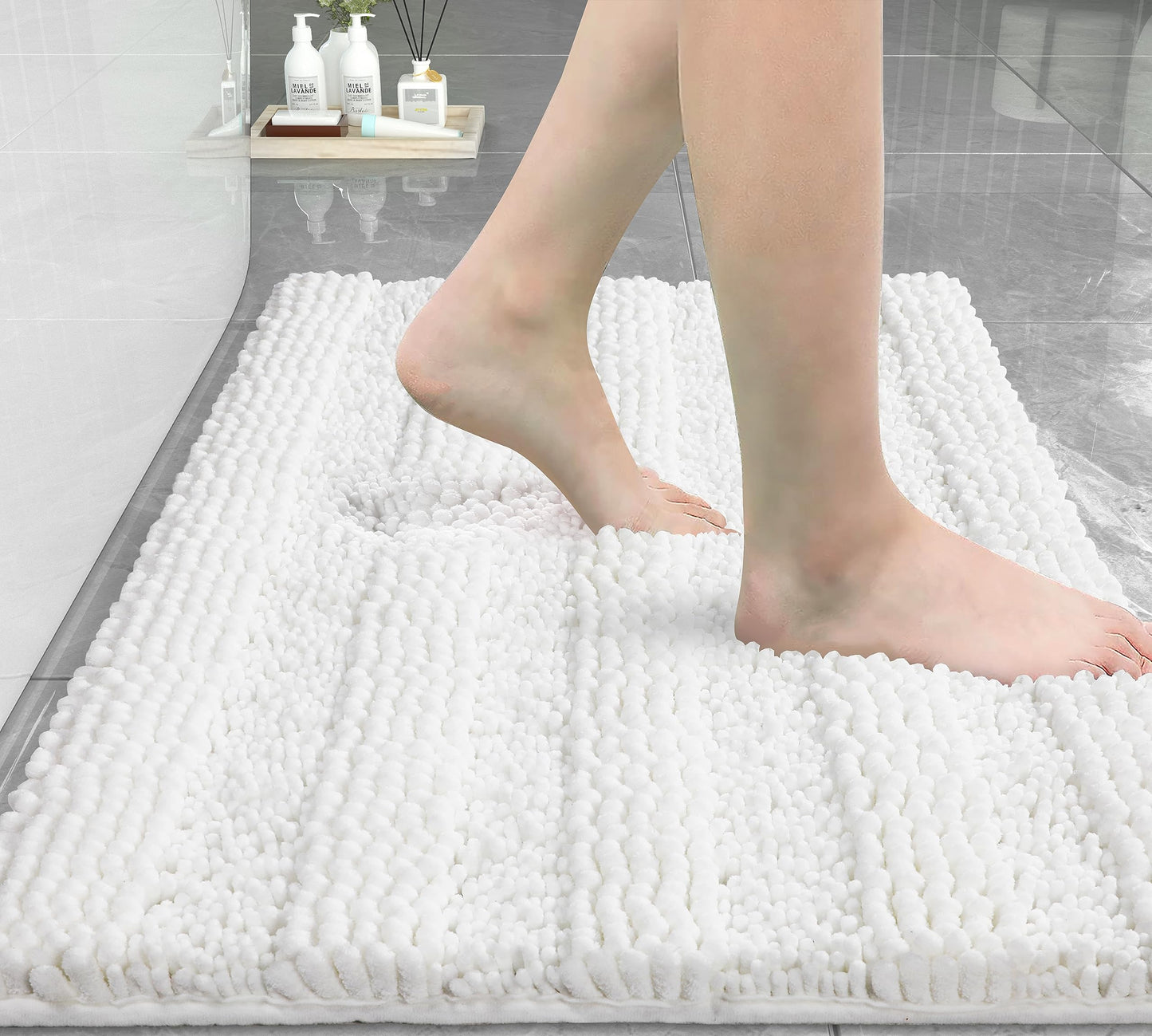 Yimobra Bathroom Rug Mat 24 x 17, Non Slip and Super Absorbent Bath Mat,Machine Washable Quick Dry,Ultra Plush Chenille Shower Rugs for Bathroom Floor Sink Tub and Shower Outside,White