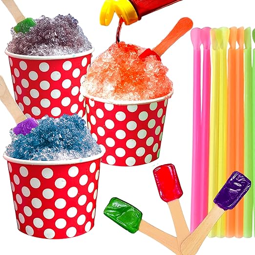Concession Essentials 105 Piece Multi-Colored Snow Cone/Shaved Ice Kit - Includes 25 Red and White Polka Dot Cups, 30 Cand...