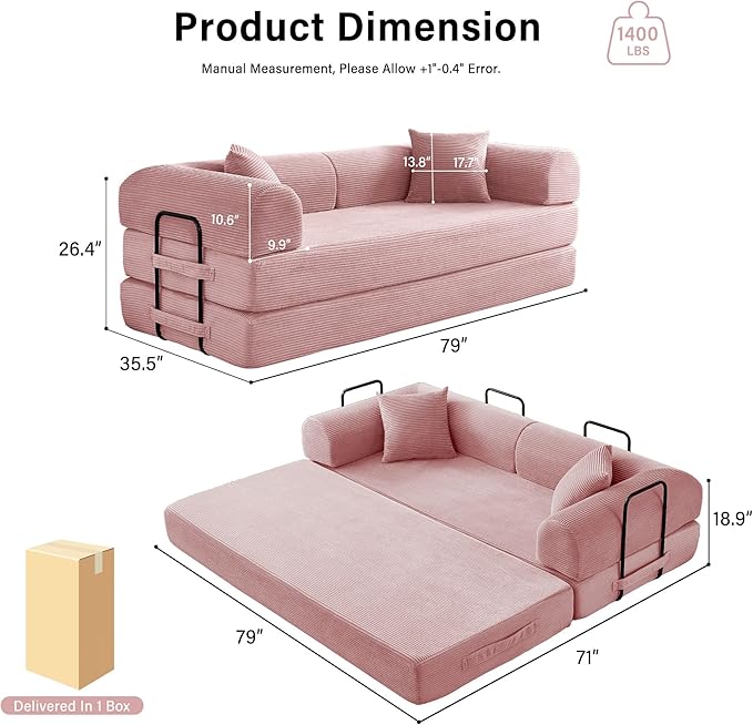 79" 5-in-1 Folding Convertible Sofa Bed, Oversized Corduroy Futon Floor Couch with Pull-Out Sleeper, Modular Boneless Loveseat for Small Spaces, Living Room, Bedroom (Pink)