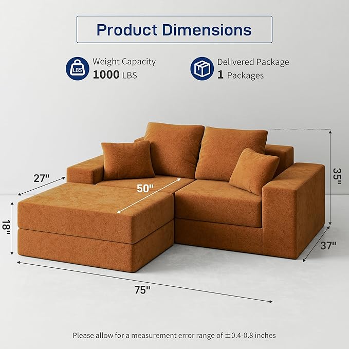 Cloud Modular Sectional Sofa, Comfy Boneless Couch for Living Room, Modern L-Shaped Couch with Reversible Chaise, Customizable Sleeper Sofa with Non Slip, No Assembly & Deep Seat, Orange