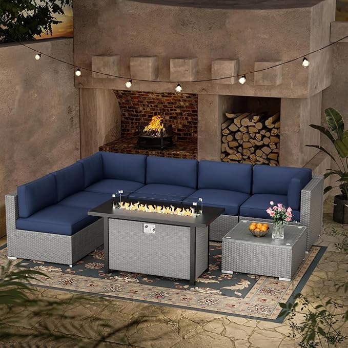 Crownland 8-Piece Outdoor Patio Furniture Sets with 45” Propane Gas Fire Pit Table, All-Weather Grey Wicker Rattan Sectional Sofa with Coffee Table(Dark Blue)