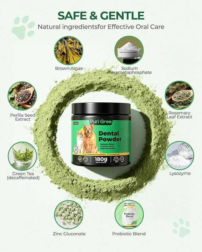Dog Dental Powder, Dog Teeth Natural Cleaning Powder, Dogs Breath Freshener, Enzymes & Probiotic with Plaque and Tartar Off, Pets Tooth Cleaning 180g/6.36 oz